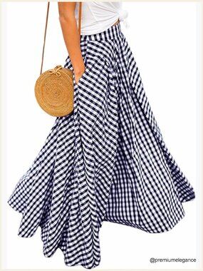 Gingham Maxi Skirt High Waist Pleated A-Line Flowy Checkered Skirt Summer